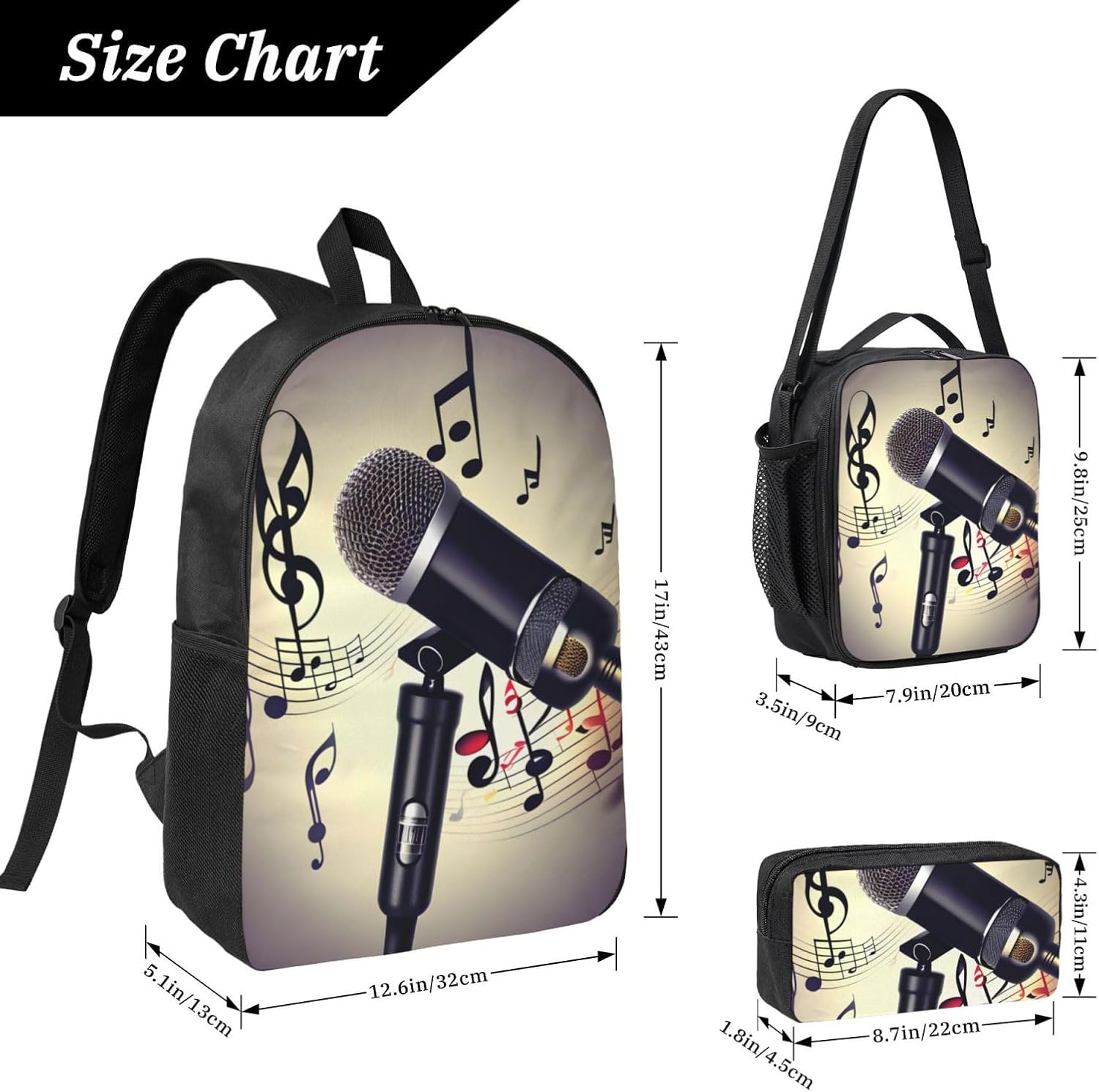 Microphone with Music Note print 3 Piece Backpack Bags with Lunch Box Pencil Case Set for Travel Work Camping Unisex
