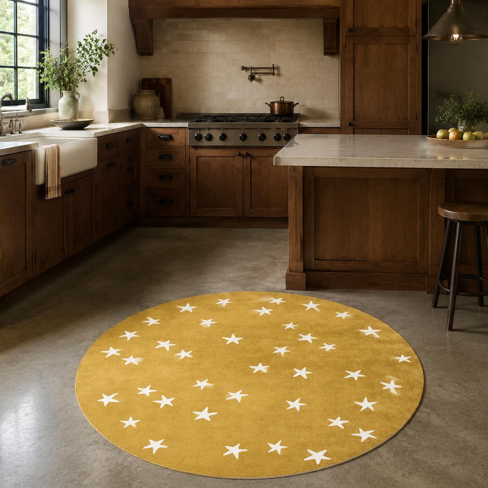 Tapis rond 150 cm au design géométrique jaune pour un intérieur lumineux