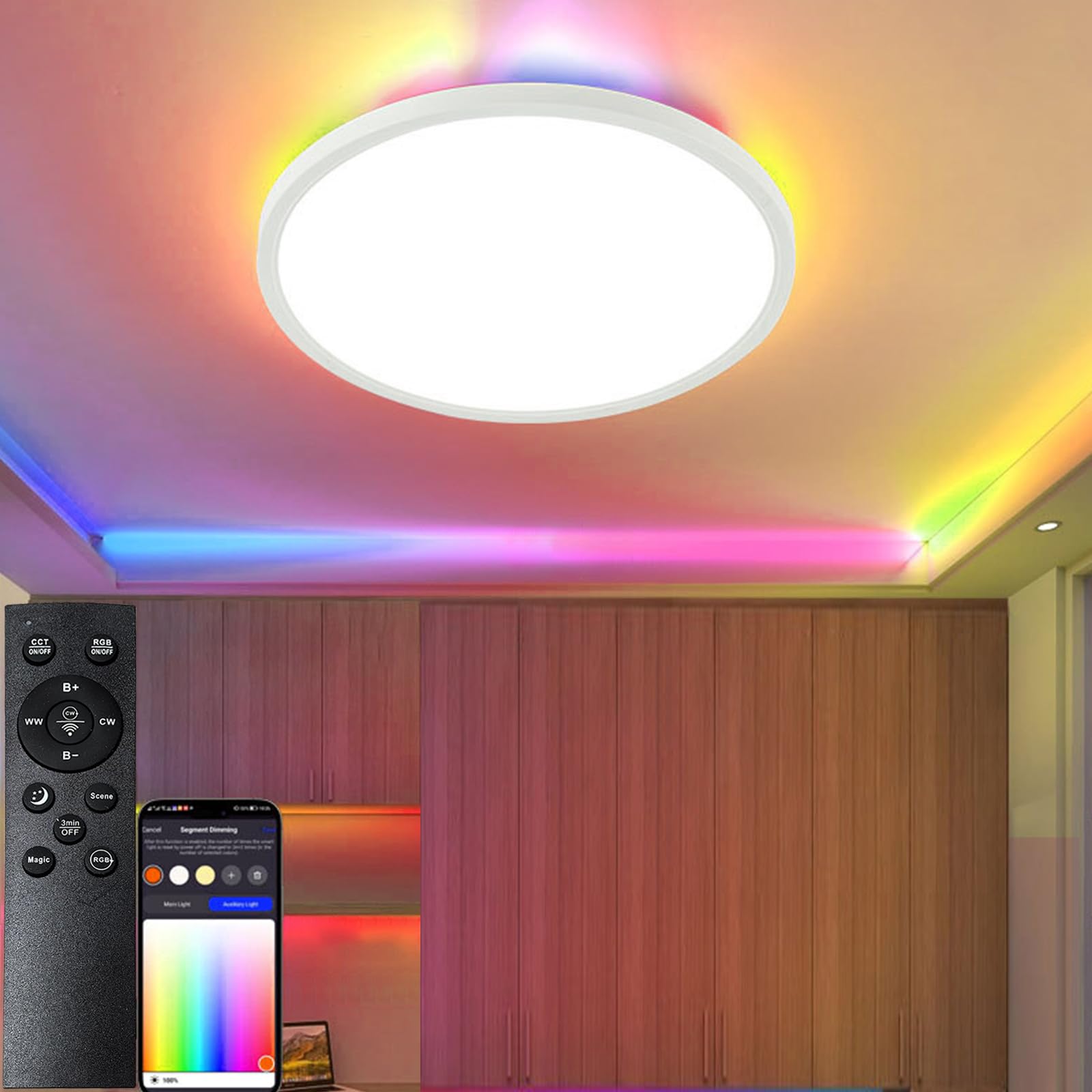 Yuehuamech RGB LED Ceiling Light 24W Smart Music Ceiling Lamp with APP and Remote Control Dimmable 3000-6500K Colour Changing Ceilings Light for Bedroom Kitchen Dining Room Bathroom