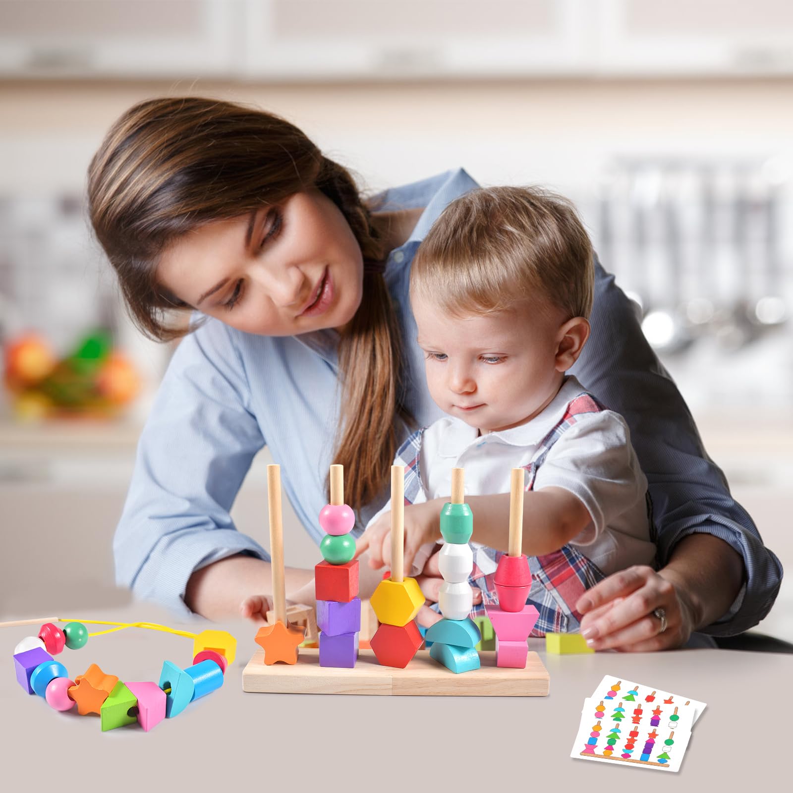 OneNine Juguete Educativo Montessori De Madera, Rompecabezas Apilable Y De Enhebrado, Juego De Clasificación De Colores Y Formas Para Niños 3 Años