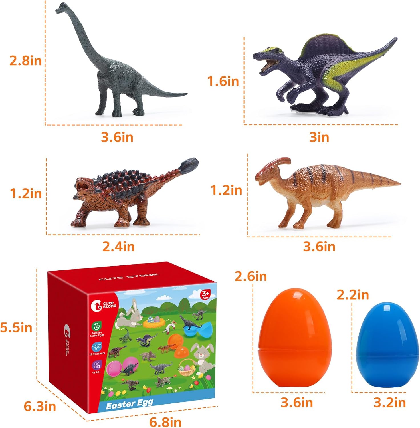 CUTE STONE 12 Pack Filled Easter Eggs with Dinosaurs, Prefilled Easter Basket Stuffers Easter Party Favors for Toddler, Kids,Boy, and Girls
