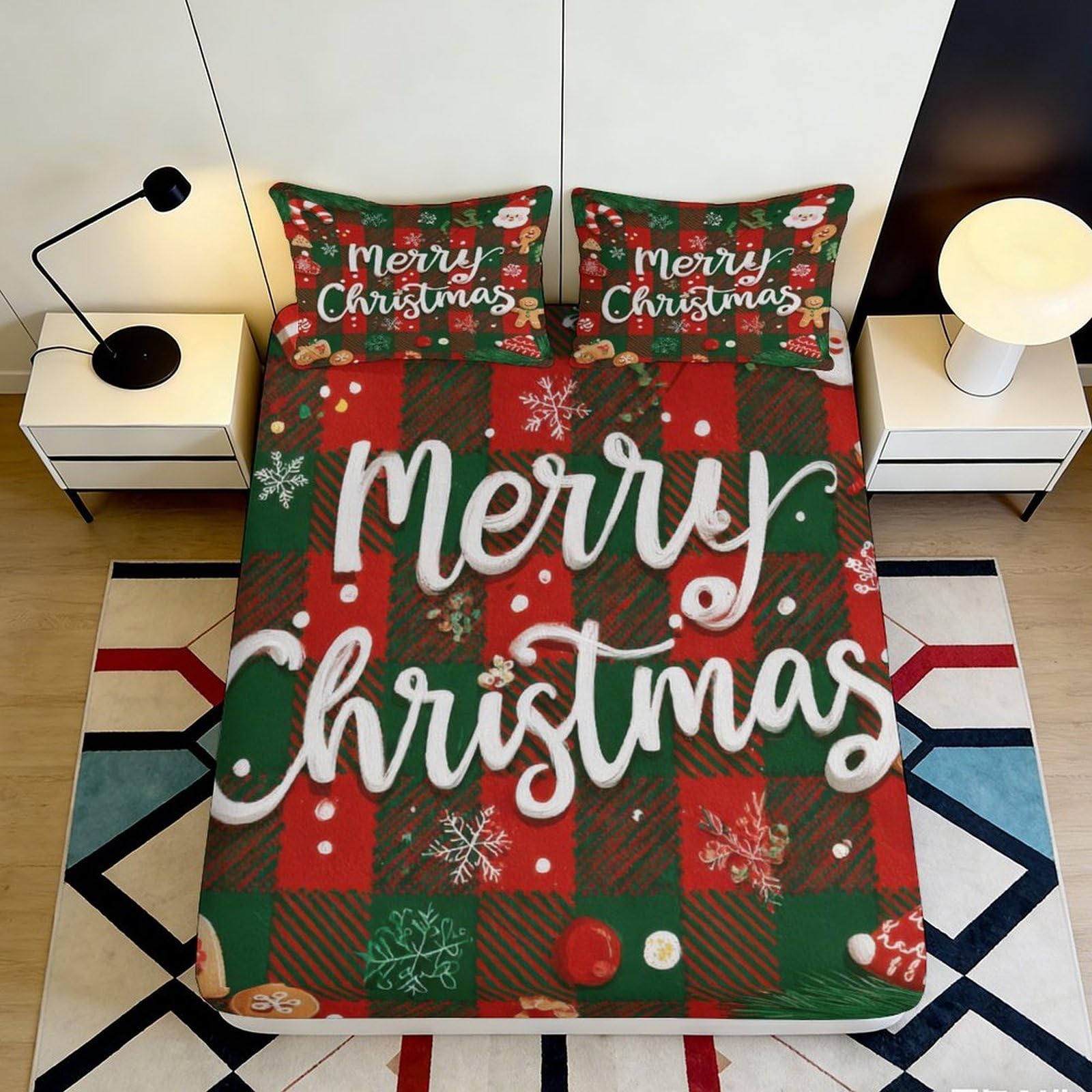 Jqzkxnhpbr Style-8 3D Printed Christmas Plaid Fitted Sheet Microfiber Soft Red Green Snowflake Bed Cover For Bedroom Dorm Decor 90X200x25cm