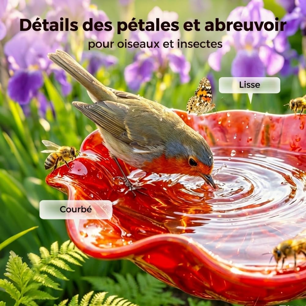 Abreuvoir Oiseaux, 2026 Nouveau Bain Oiseaux Décoratif Métal Motif Fleurs, Handmade Metal Flower Garden Stake, Bain d’Oiseau Oiseauxs Résistante Intempéries Fleurs Abreuvoir À Abeilles (Rouge)