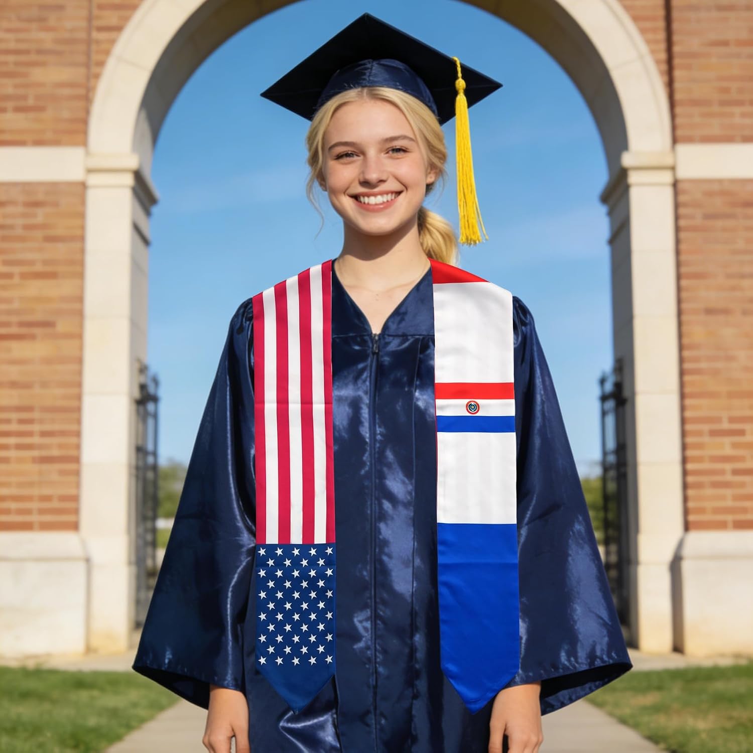 USA And Paraguay Flag Graduation Stole,Satin Embroidery Graduation Sash for International Students,72 Inch Length.
