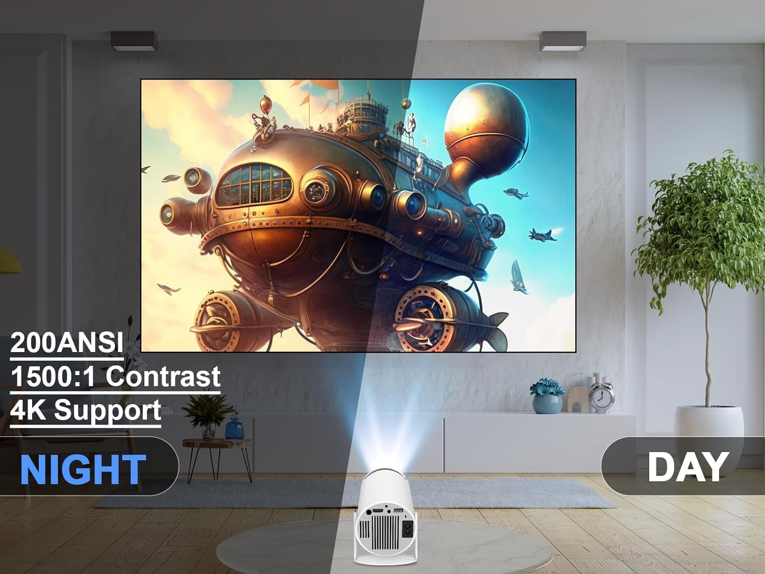 Auto Keystone Correction Portable Projector, 4K/ 200 ANSI Smart Projector with 2.4/5G WiFi,