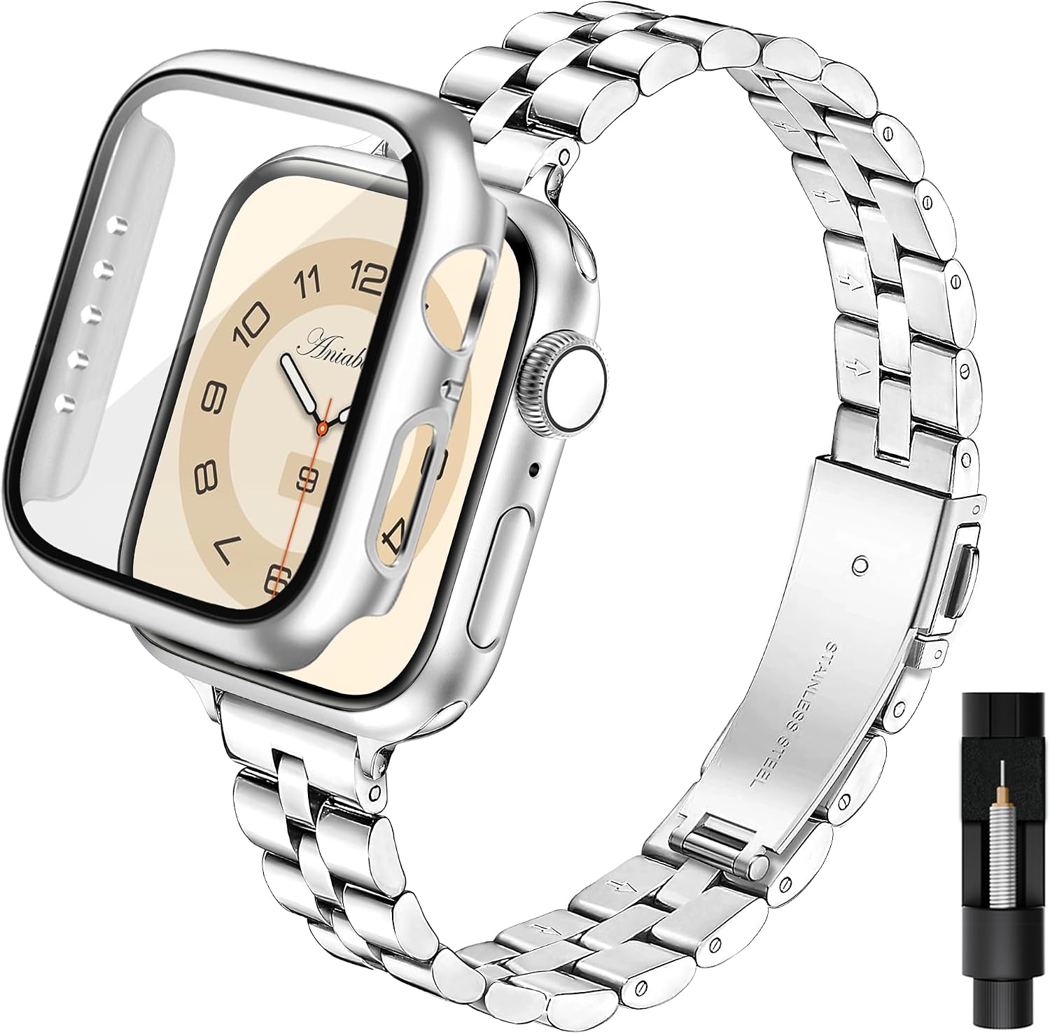 Compatible with Apple Watch Bracelet 41mm with Protective Case, Replacement Stainless Steel Metal iWatch Bracelet Women with Case for Apple Watch Series 9 8 7 41mm, Jewelry for Women (Silver)