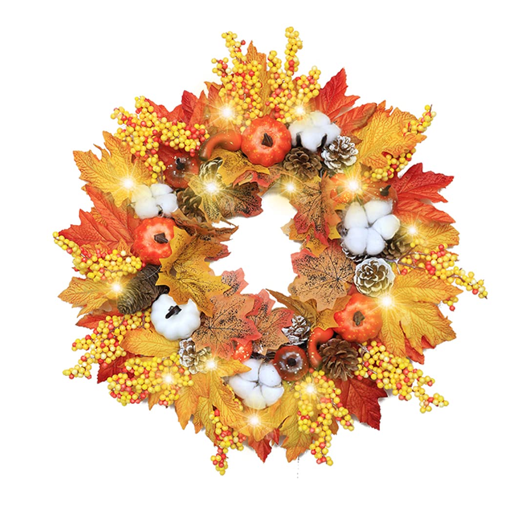Guirnalda de simulación de otoño con luz LED 50 cm Hoja de arce Calabaza Guirnalda de bayas Guirnalda de puerta artificial de mimbre Colgante de pared Decoración de otoño para Halloween Acción de grac