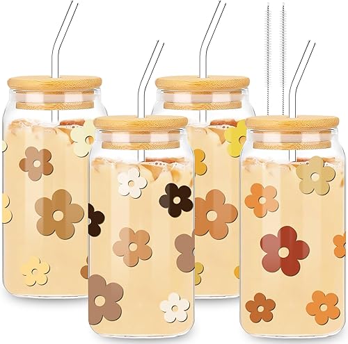 Whaline 4 vasos de bebida con tapas y pajita, 16 onzas, diseño de margaritas bohemias, para café, café, con diseño de flores, hippie, retro, para