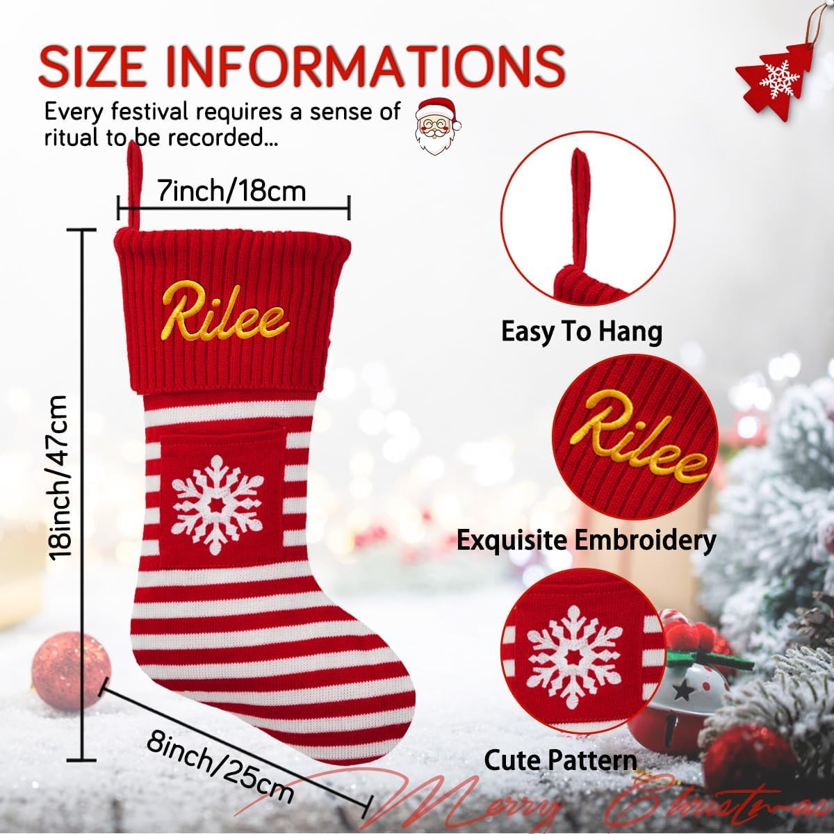 Calze di Natale personalizzate da 45 cm, ricamate, grandi