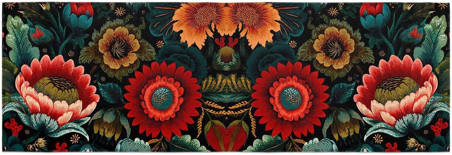 Teamery Kitchen Mats for Floor Vintage Abstract Boho Red Flowers Washable Non Slip Kitchen Rugs 1PCS, Aesthetic Floral Absorbent Standing Mats for Sink Bathroom Office Living Room 15.7x47.2in