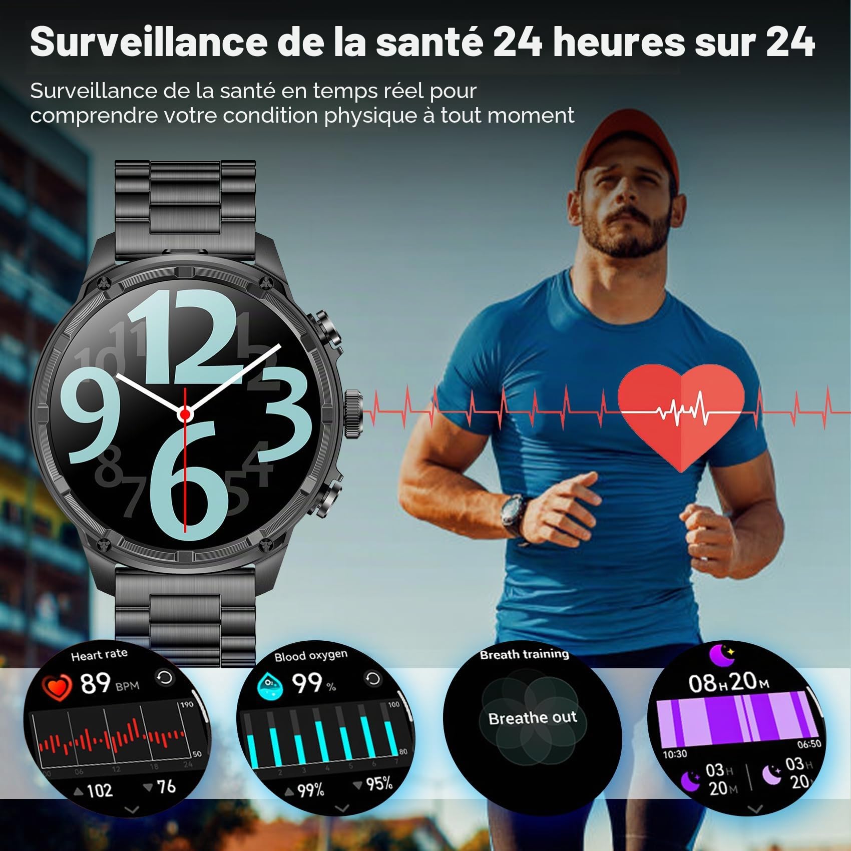 Montre Connectée Hommes,Téléphone LED Poche Batterie 750 mAh, 120 Modes Sportifs Montre de Fitness avec Fréquence Cardiaque, SpO2, Moniteur de Sommeil, 1.85 Pouce Noir Smartwatch pour Android iOS