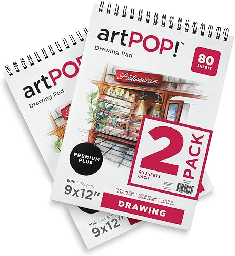 Miniatura 1 de Bloc de papel de dibujo, paquete de 2, 9 x 12 pulgadas, 80 hojas cada una, 80 libras (135 gsm), cuaderno de bocetos sin ácidos para medios secos,