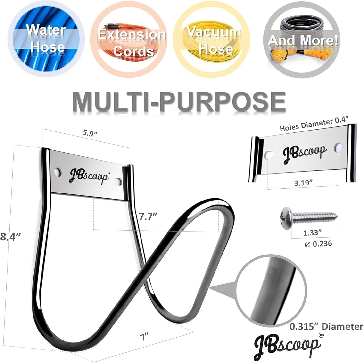 JBscoop Garden Hose Holder Stainless Steel Small Wall Mount Garden Hose Hook, Ideal for Water, Air, Hydraulic Hose, Ropes, Extension Cords Heavy Duty & Rust Proof Large Set of 2