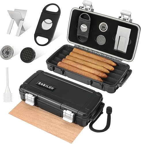 Caja de humidor de viaje para cigarros con accesorios para puros, cortador de puros, soporte de cedro español y cigarros, humidificador, higrómetro