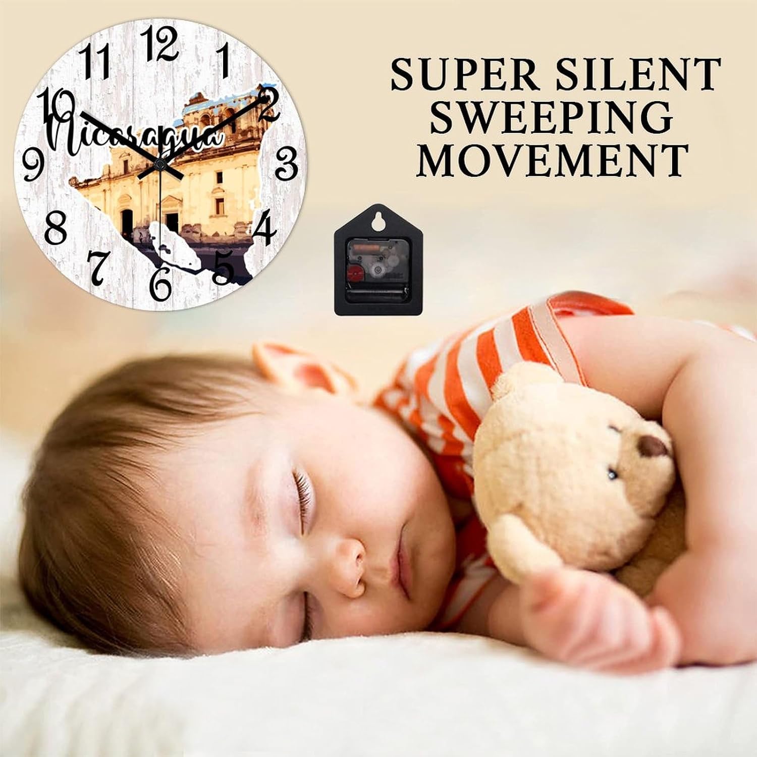 Decorative Wall Clock Nicaragua Landmark Landscape Wall Clock Nicaragua Map Wooden Clocks Silent Battery Operated 15 Inch Shabby Chic Retro Round Clock for Kitchen Bedroom Office, Style-2