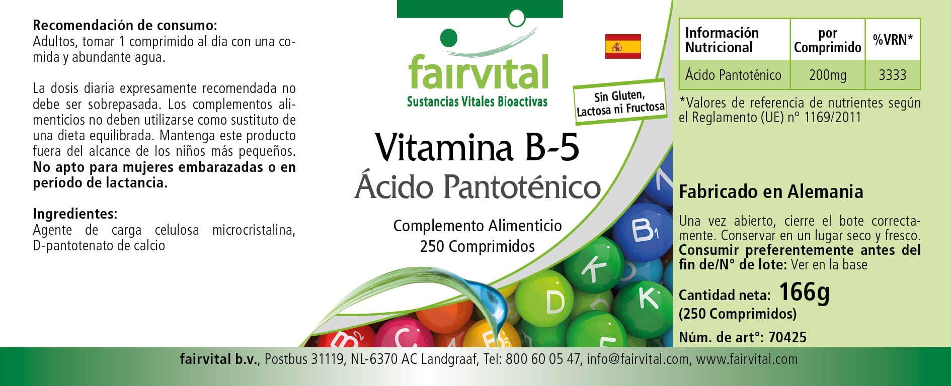 fairvital Vitamin B5, 250 Tabletten, schluckfreundlich, hochdosierte 200mg Pantothensäure, VEGAN, Made in Germany (Packung mit 2)