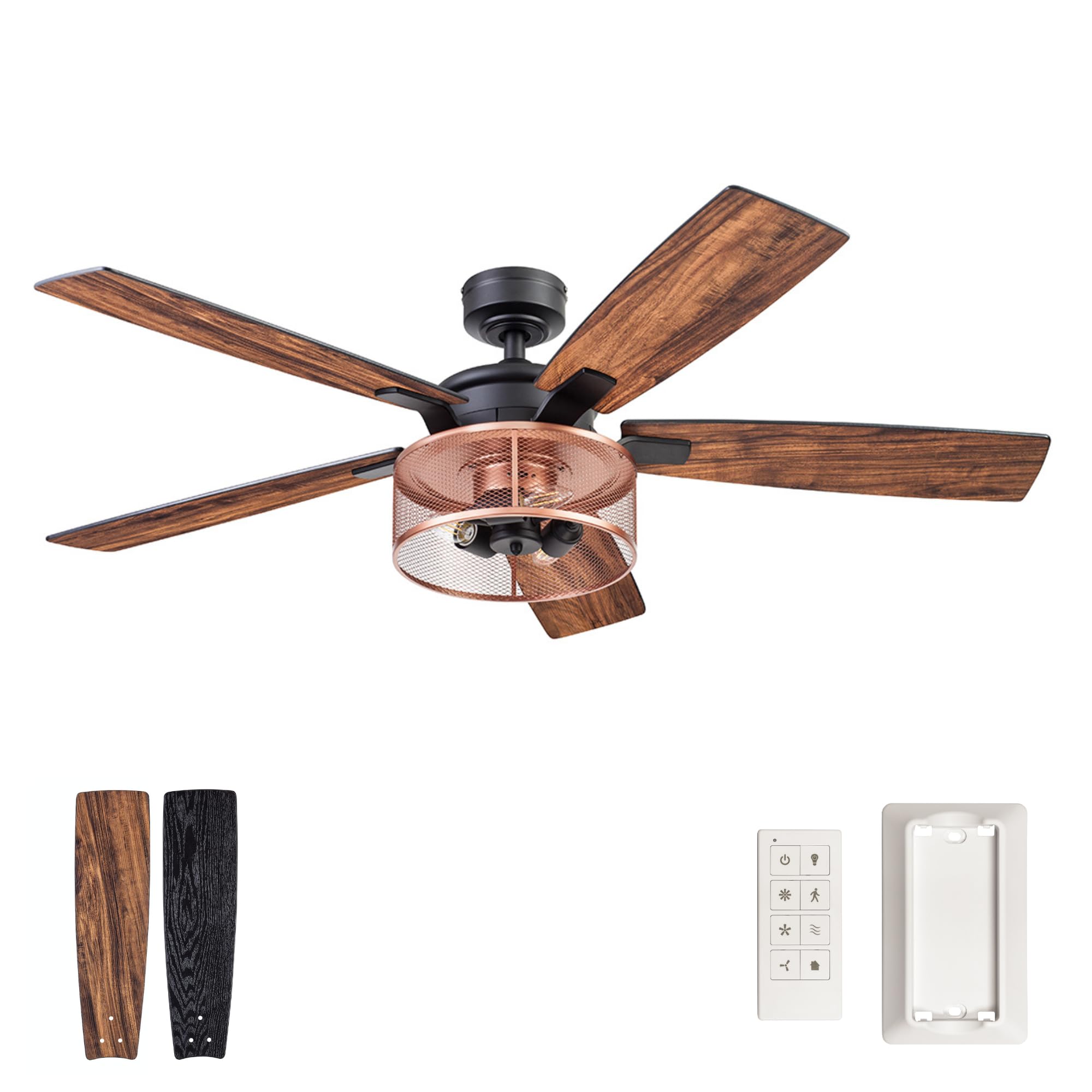 HoneywellCeiling Fans Carnegie Industrial 52 Inch Ceiling Fan with Light, Remote Control Fan, LED Indoor Fan with 5 Blades, Black Oak and Brown Mopane Blade Finish Options, Copper (51459-01)