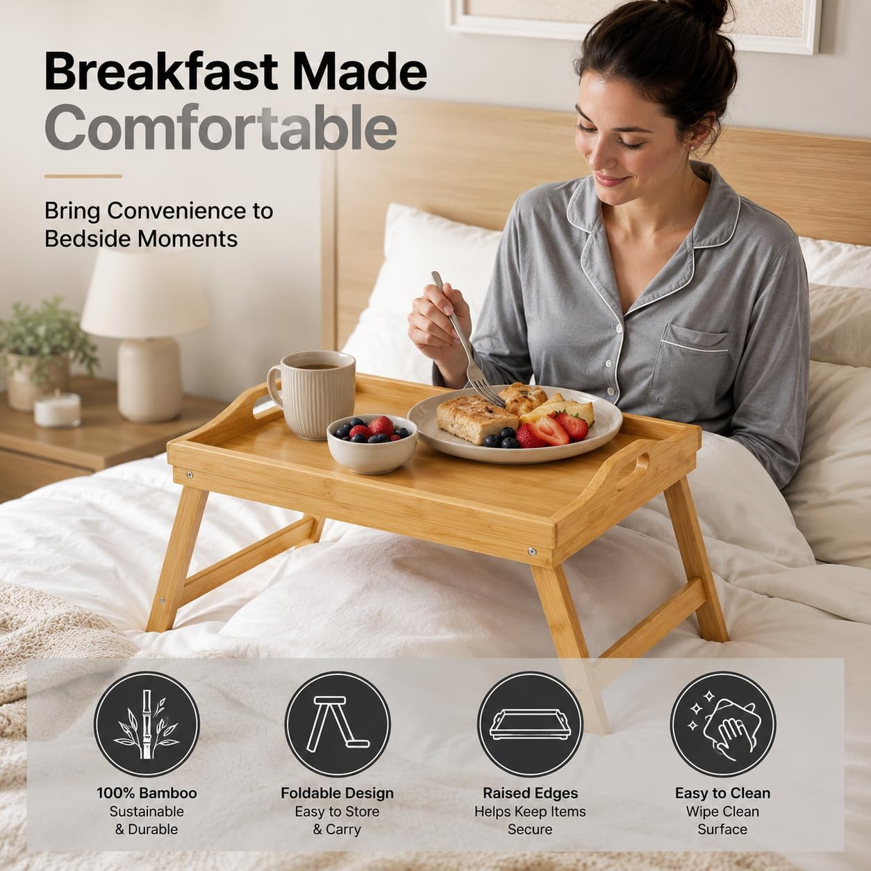 2-Pack Bamboo Bed Tray Tables with Foldable Legs, 16.1" x 11.8", Breakfast Serving Tray, Laptop Desk for Bed, TV, Reading & Snacks