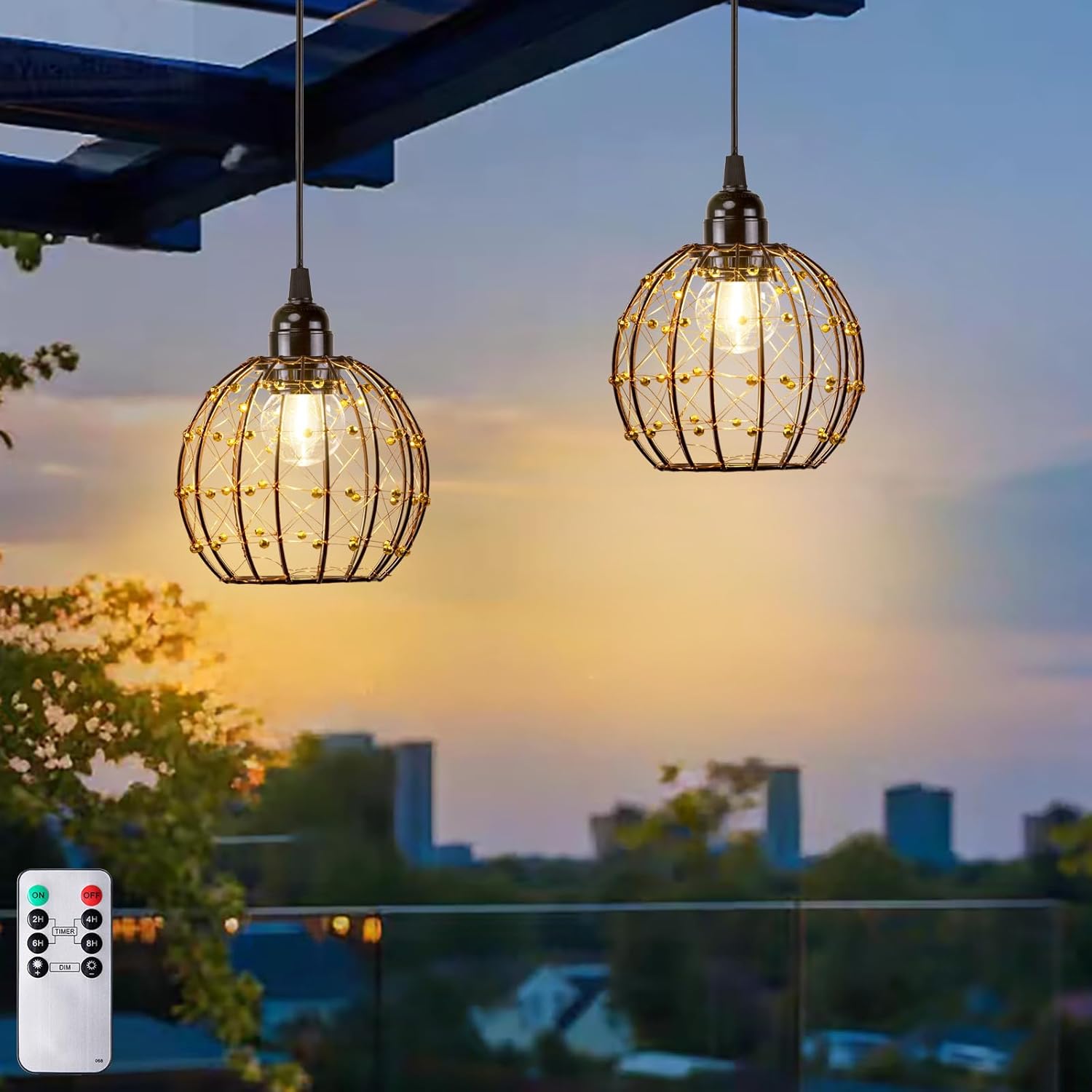 TWINKVILLA Hanging Pendant Lights, Battery Operated Outdoor Chandelier with Warm White LED Bulb for Patio Tree Pergola Gazebo Porch (Beaded Ball-G50-2PK)