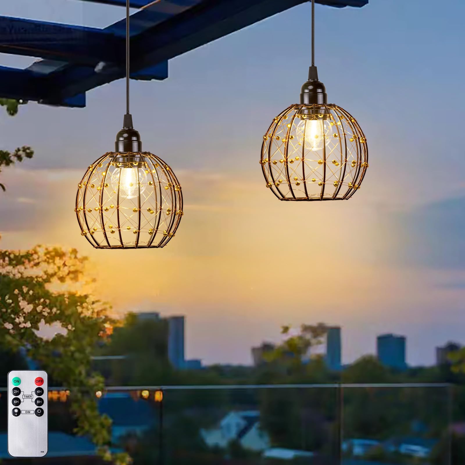 TWINKVILLA Pendant Lights, Outdoor Chandelier Battery Operated with Warm White LED Bulb for Patio Tree Pergola Gazebo Porch (Pearled-Ball-G50-2PK)