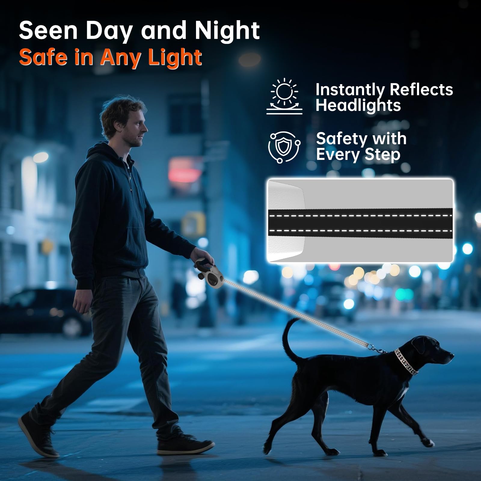 Correa retráctil de 16 pies con luz LED, correa resistente para perros pequeños, medianos y grandes de hasta 66 libras, sin enredos de 360°, dispensador y bolsas para excrementos