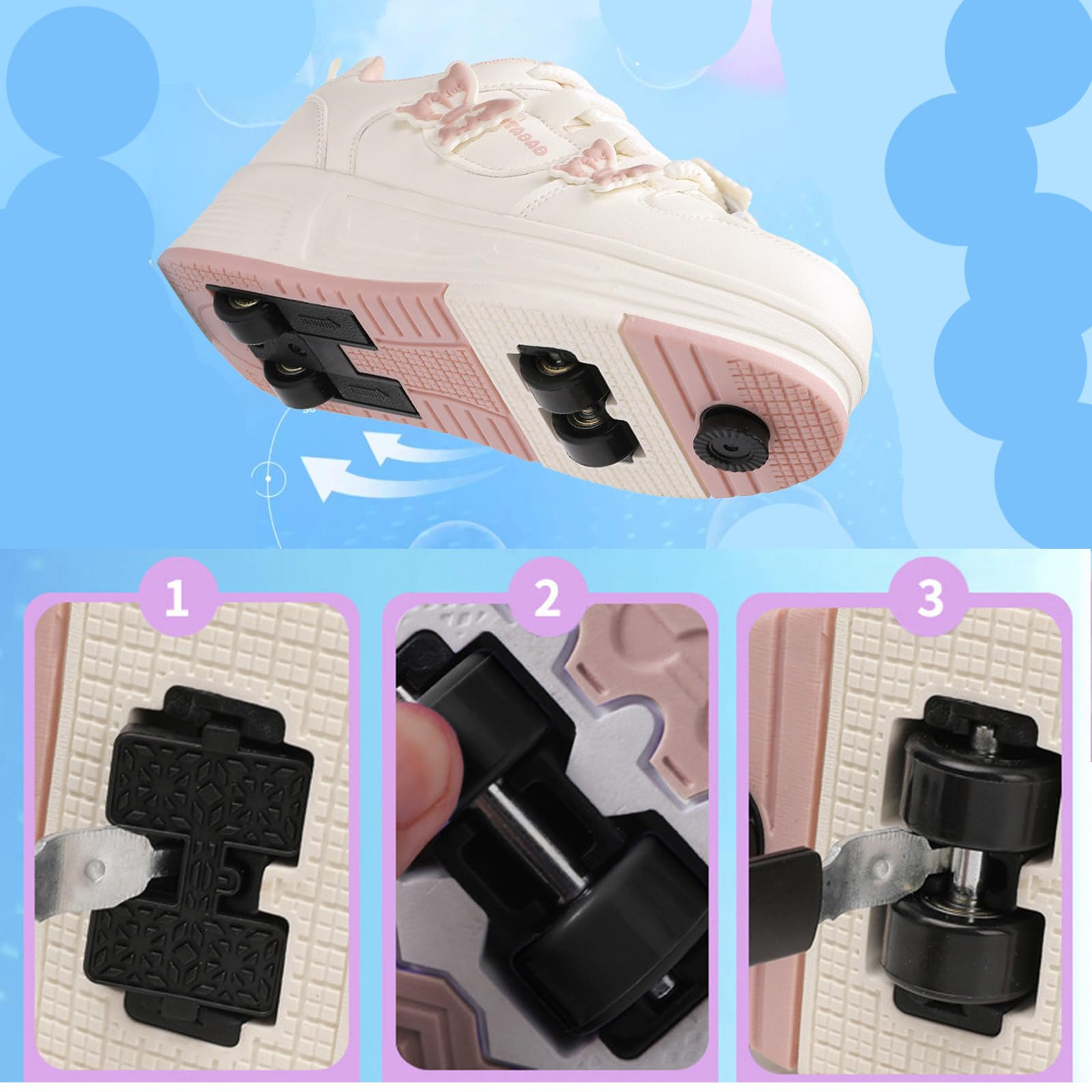 Mateju Chaussures à roulettes Fille Patins à roulettes Automatiques Rétractable Enfant avec 4 Roulette, Papillon 2 en 1 Chaussures de Skateboard Réglables Adolescents pour Femme