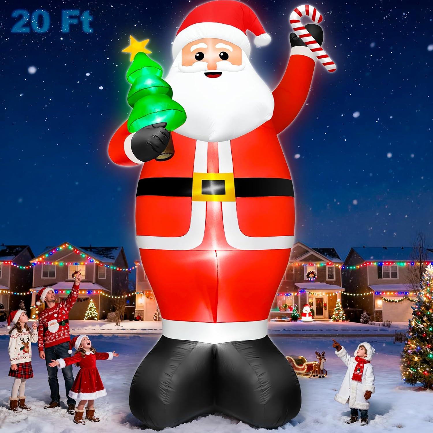 Super Giant 20FT Christmas Inflatable Santa Claus Holding Xmas Tree and Cane, Blow Up Outdoor Christmas Decorations with 8 LED Lights for Yard Lawn Party Holiday Decor