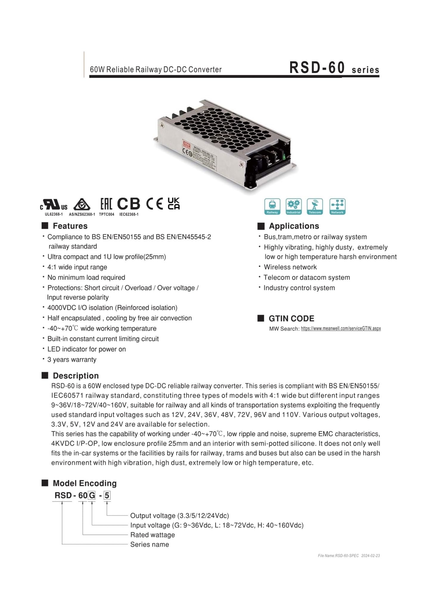 Konwerter DC-DC 60 W RSD-60H-3,3 40 ~ 160 RPM 3,3 V RSD-60H-5 40 ~ 160 RPM 5 V RSD-60H-12 | 40 ~ 160 RPM 12(RSD-60H-24)