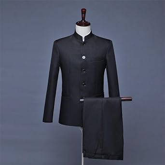 Men's Stand Collar Mandarin Suit Set Slim Fit 2 Piece Comfort Dress Suits Embroidered Front Button Blazer Pants Sets