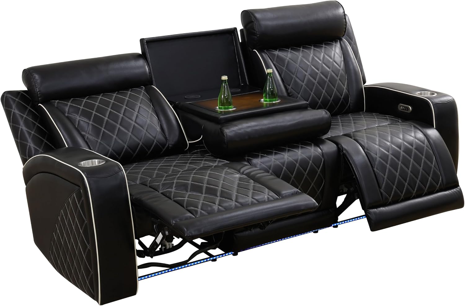 3 Pieces Power Reclining Sofa Set, Breathing Leather Couch and Recliner Set with Drop Down Table&Cup Holders, 2 Single Chairs and a 3-Seater Recliner Sofa for Home Theater (Black)