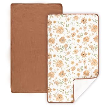 Waterproof Portable Changing Pad 2 Pack, Muslin Cotton Baby Changing Mat Comfortable & Breathable, Foldable Diaper Changing Pad for Travel, Machine Washable, Flower & Brown
