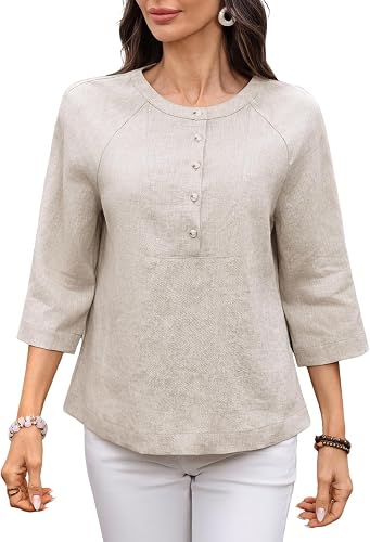 vinglam Women's 100% Linen Tops 3/4 Sleeve Henley Button up Shirt Crewneck Elbow