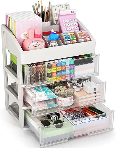 Miniatura 7 de Organizador de escritorio con 4 cajones de almacenamiento, cajones de almacenamiento de escritorio para suministros de oficinaescuela, organizador