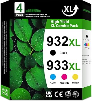 932XL 933XL Ink Cartridges Combo Pack 4-Pack, 1Black/1Cyan/1Magenta/1Yellow Replacement for HP 932 XL 933 XL Black and Color Ink Cartridges OfficeJet 6100 6600 6700 7110 7510 7610 7612 Printer