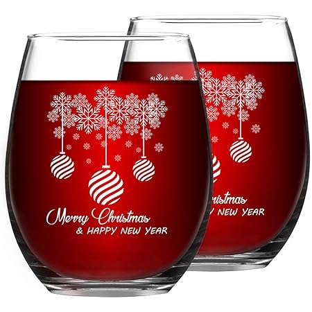 Merry Christmas and Happy New Year Stemless Wine Glass Set, 15 Oz Funny Stemless Wine Glasses for Women Friends Men, Gift Idea for Christmas Wedding Party, Set of 2