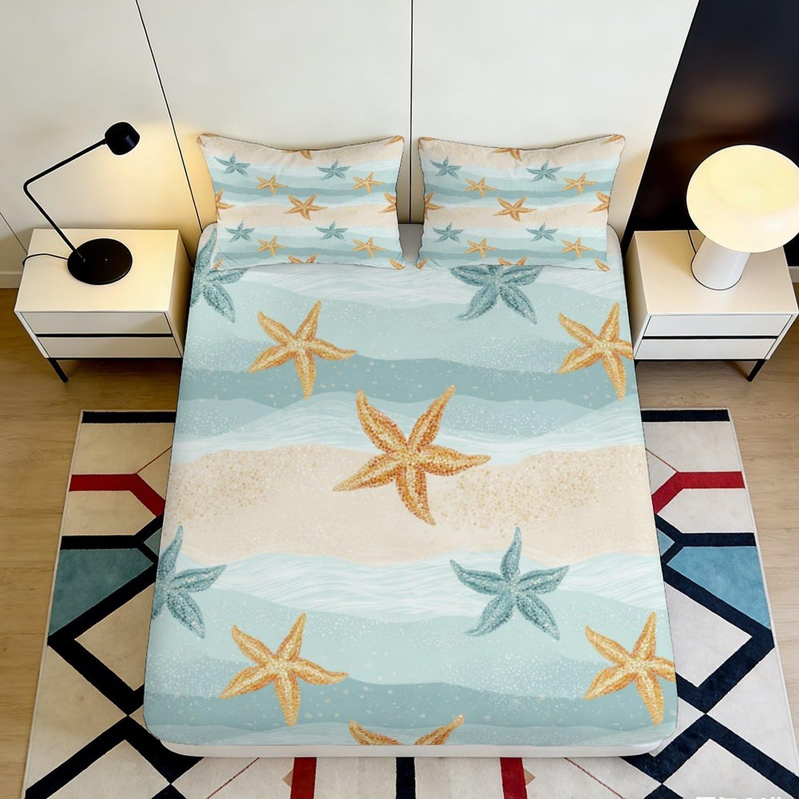 Pnayamiorkfel Style-1 3D Printed Starfish Beach Fitted Sheet Microfiber Soft Breathable Ocean Waves Mattress Cover Bedroom Decor 90X200x25cm