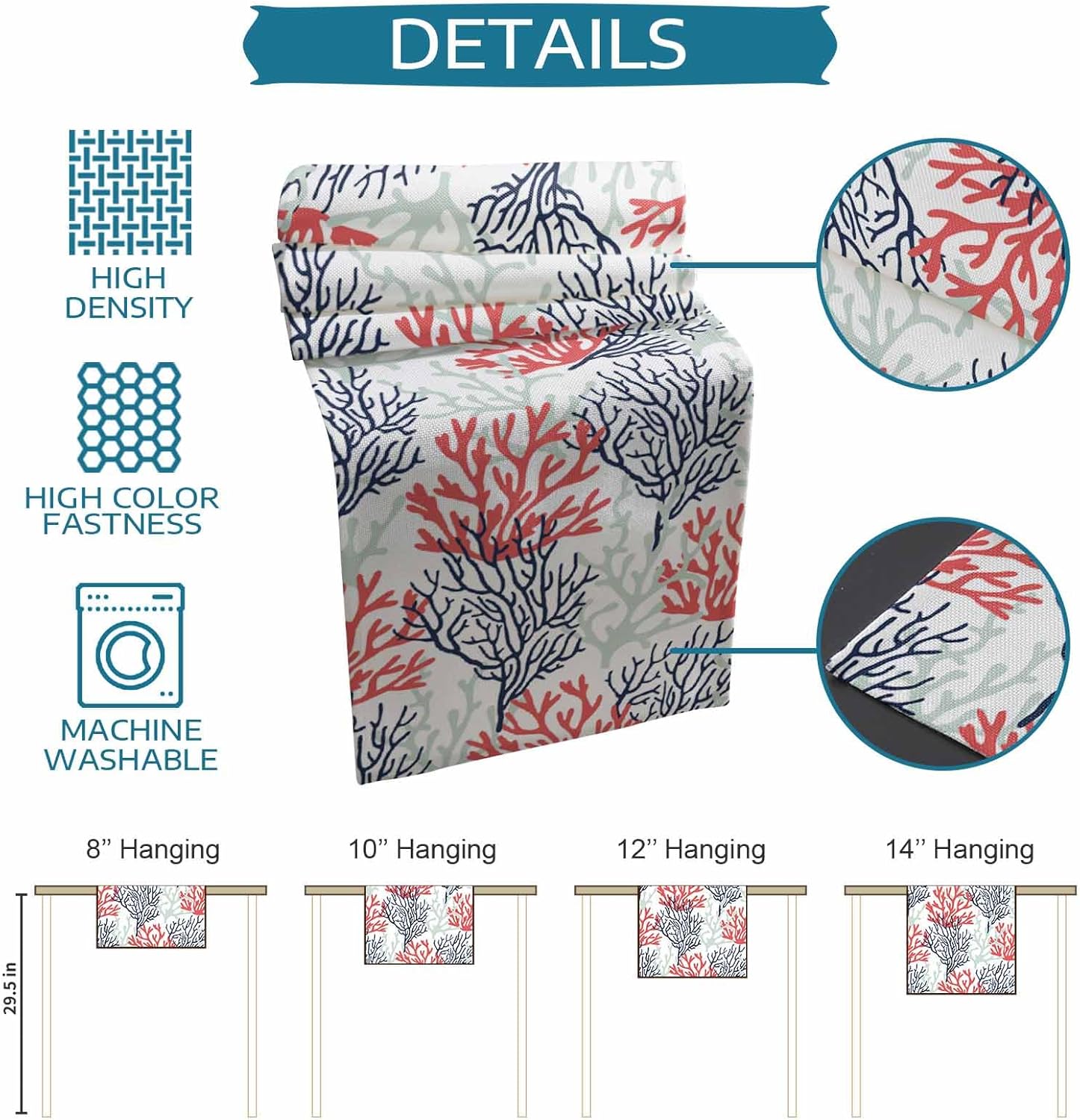 Red Navy Blue Coral Coastal Cotton Linen Rectangle Table Runners 13"x120", Summer Beach Seaside Nautical Coffee Table Runner Dresser Scarves Luxury Table Runners for Wedding Party Banquet Dinner Decor