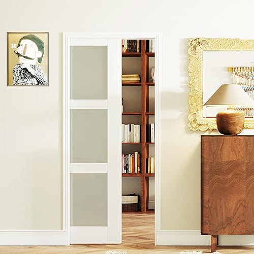 Juego de puerta corrediza de bolsillo de 30 x 80 pulgadas, incluye panel de vidrio esmerilado de 3 litros y kit de marco, losa de puerta individual