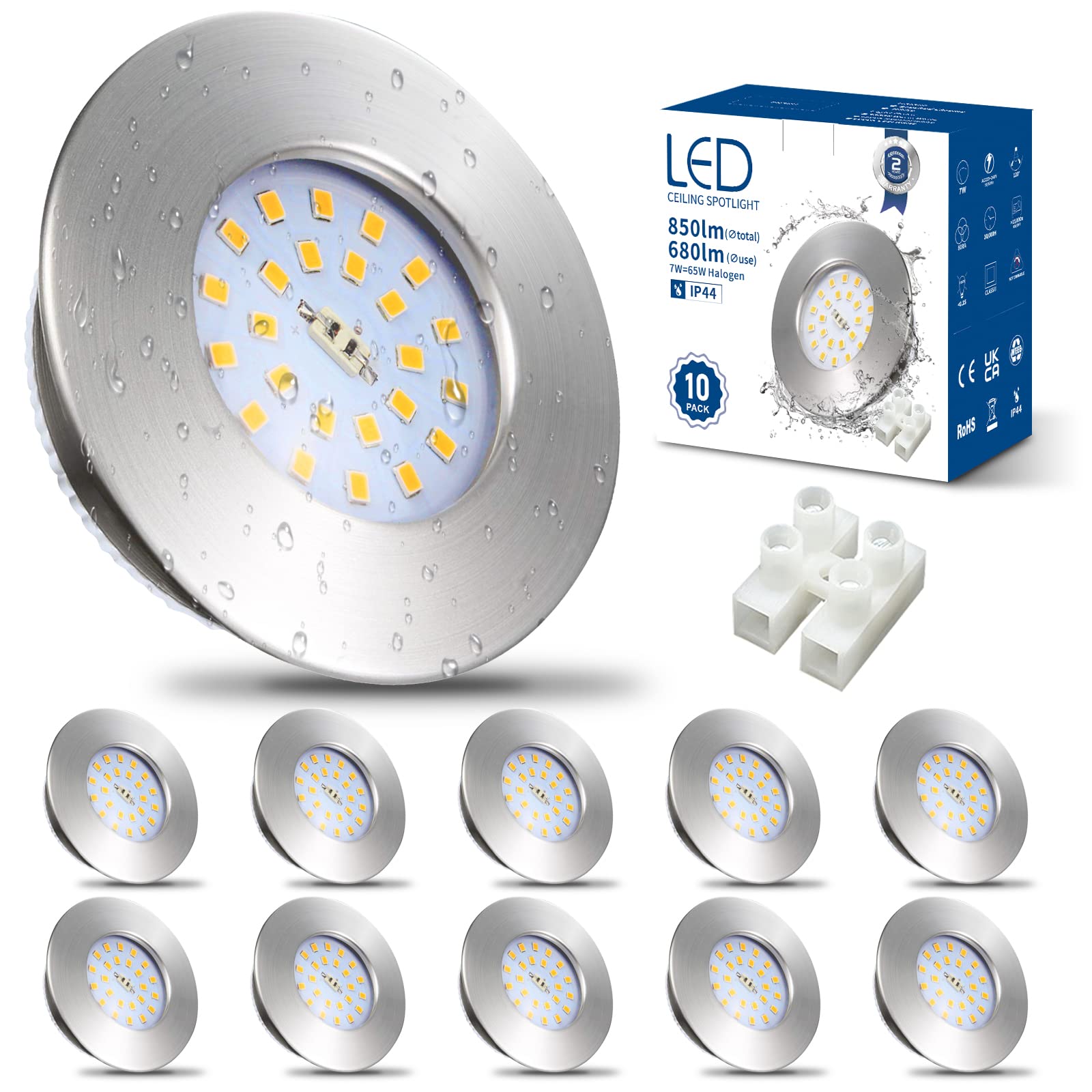 HiBay Faretti Led da Incasso per Cartongesso 7W Ultrasottili Faretti Led Soffitto Incasso 850LM Bianco Neutro 220V Inox IP44,Foro Ø60mm-65mm per Bagno Cucina,Esterno Set di 10