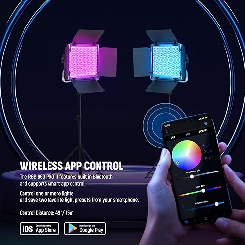 Miniatura 4 de NEEWER Luz de video LED RGB 660 PRO II mejorada con control de aplicación y kit de soporte de trípode, 2 paquetes de 50 W1% de atenuación