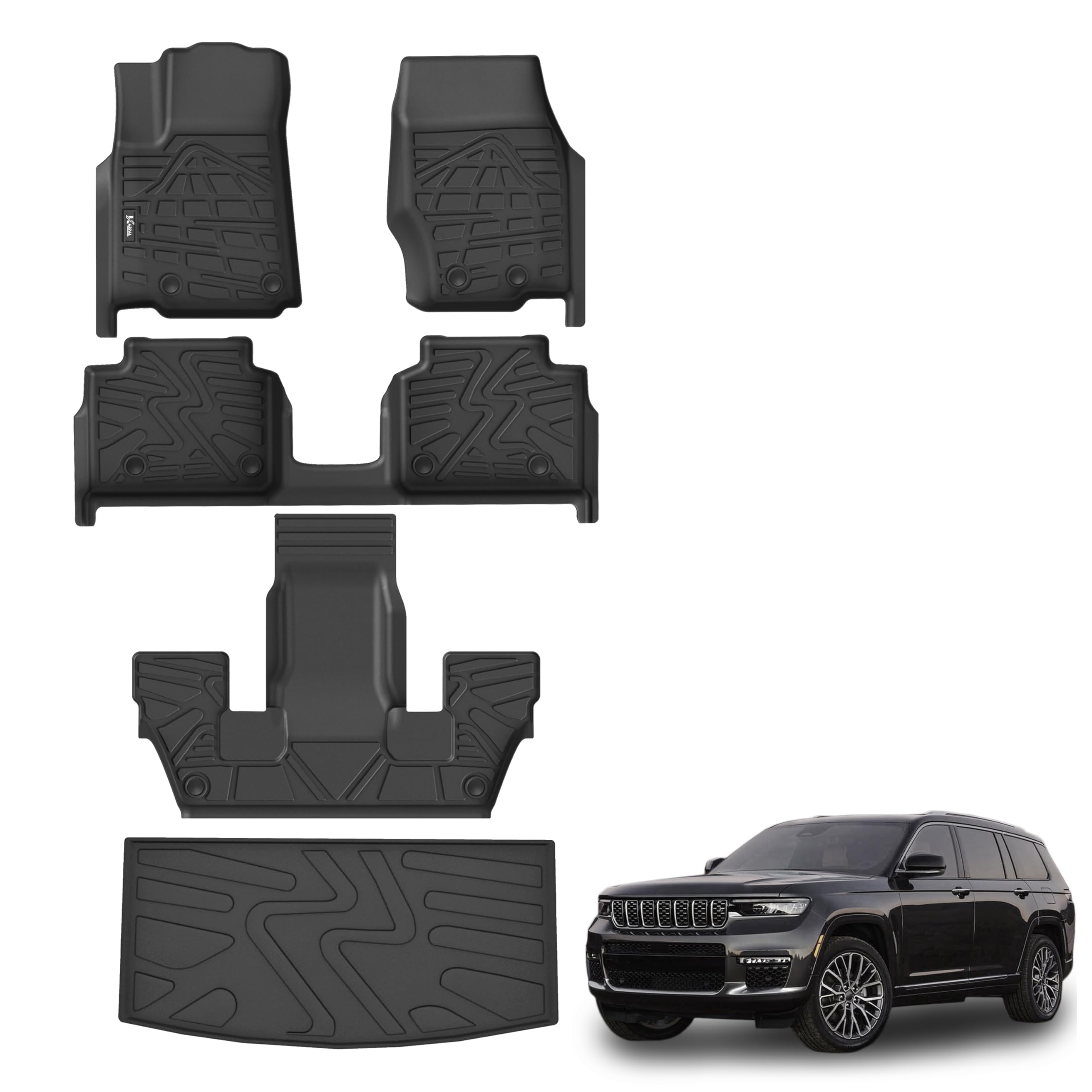 Floor Mats & Cargo Liner for 2021-2025 2026 Jeep Grand Cherokee L (6-Seater w/o 2nd Row Center Armrest Only), All Weather TPE Custom Fit Floor Liners Car Mats Accessories