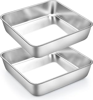 TeamFar Square Cake Pan, 2 PCS 8 Inch Square Baking Pan Stainless Steel for Cake Brownie Lasagna, Healthy & Non Toxic, Sturdy & Brushed Surface, Dishwasher Safe