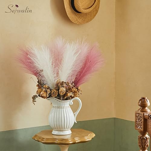 Miniatura 6 de Serwalin 12 piezas de hierba de Pampas rosa, decoración de hierba de Pampas falsa rosa de 17.7 pulgadas, hierba de Pampas artificial corta rosa