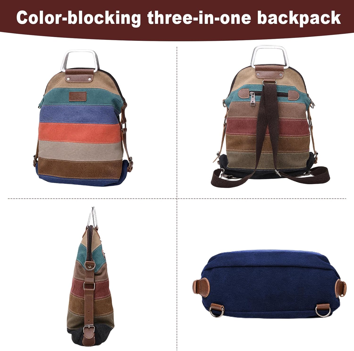Canvas Multifunction Bag Can be Freely Switched, Striped Color Block Design, Shoulder Crossbody Backpack with Removable Strap (Fashionable Style)