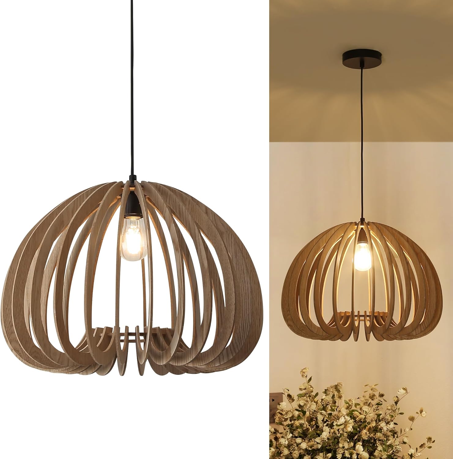 Vintage Wood Pendant Light Fixtures, Modern Farmhouse Walnut Dining Room Chandelier, Mid-Century Ceiling Mount Hanging Light Fixture for Kitchen, Bedroom, Living Room, Foyer, Art Decor, Black