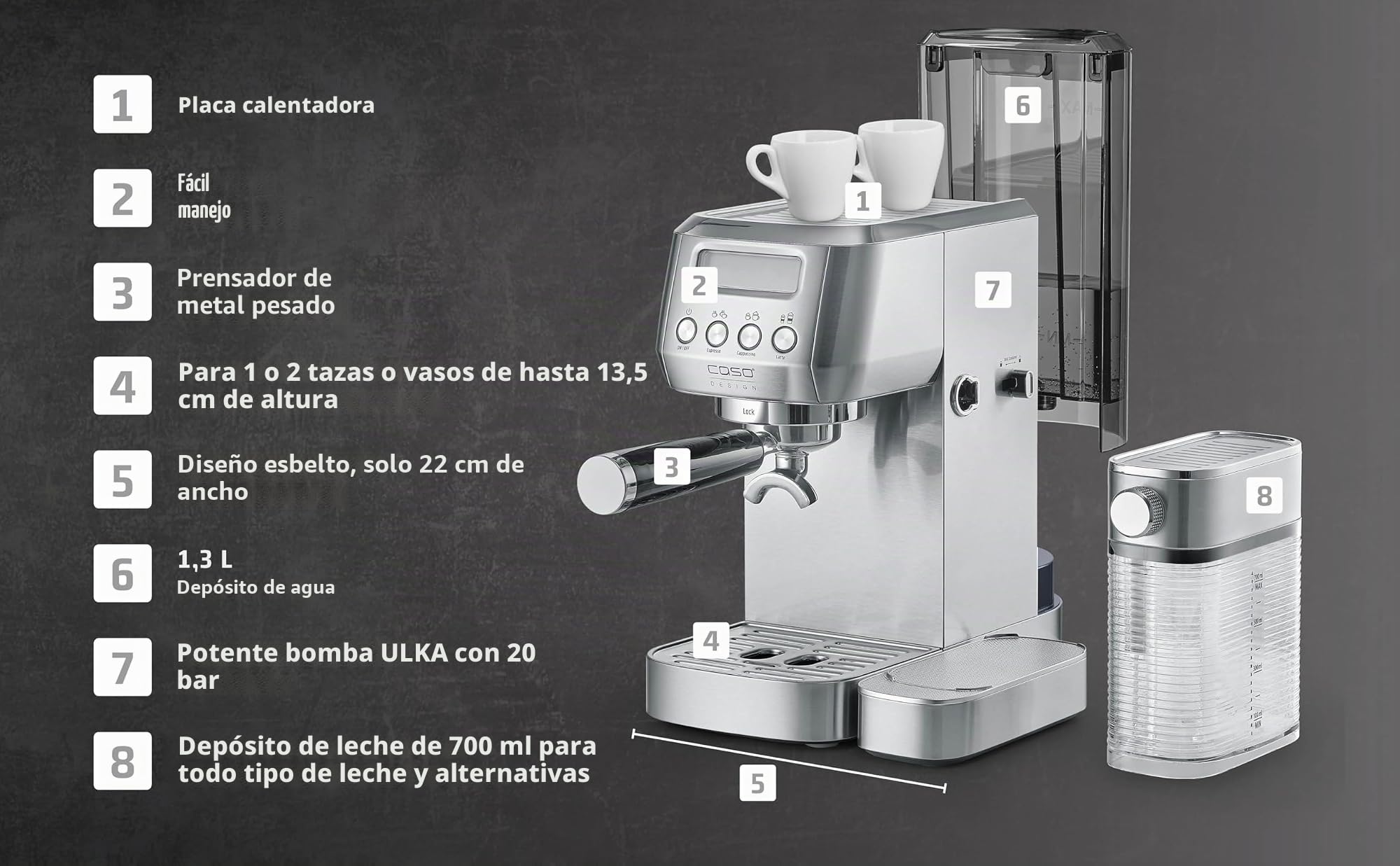 CASO Espresso Gourmet Latte - Juicio test muy bien, cafetera con depósito de leche integrado, bomba ULKA 20 bar, placa calefactora para tazas, 1 o 2 tazas, plata, acero inoxidable