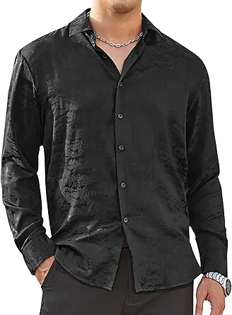 Alex Vando Mens Luxury Satin Dress Shirt Long Sleeve Silk Shiny Sateen Party Shirt