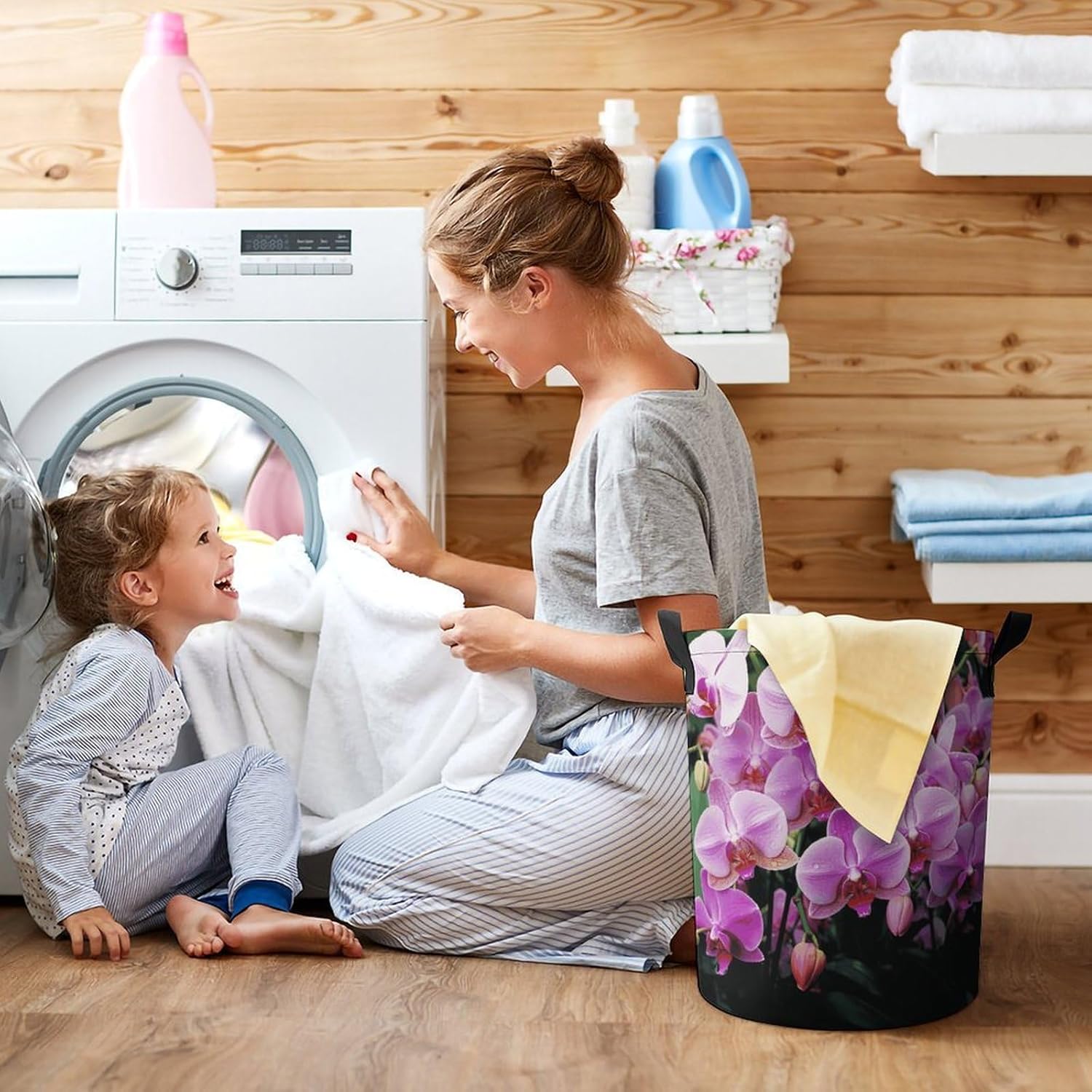Orchids Laundry Basket Collapsible Clothes Hamper with Reinforced Handles Large Capacity Waterproof Laundry Bag Freestanding Laundry Hamper for Bedroom Bathroom