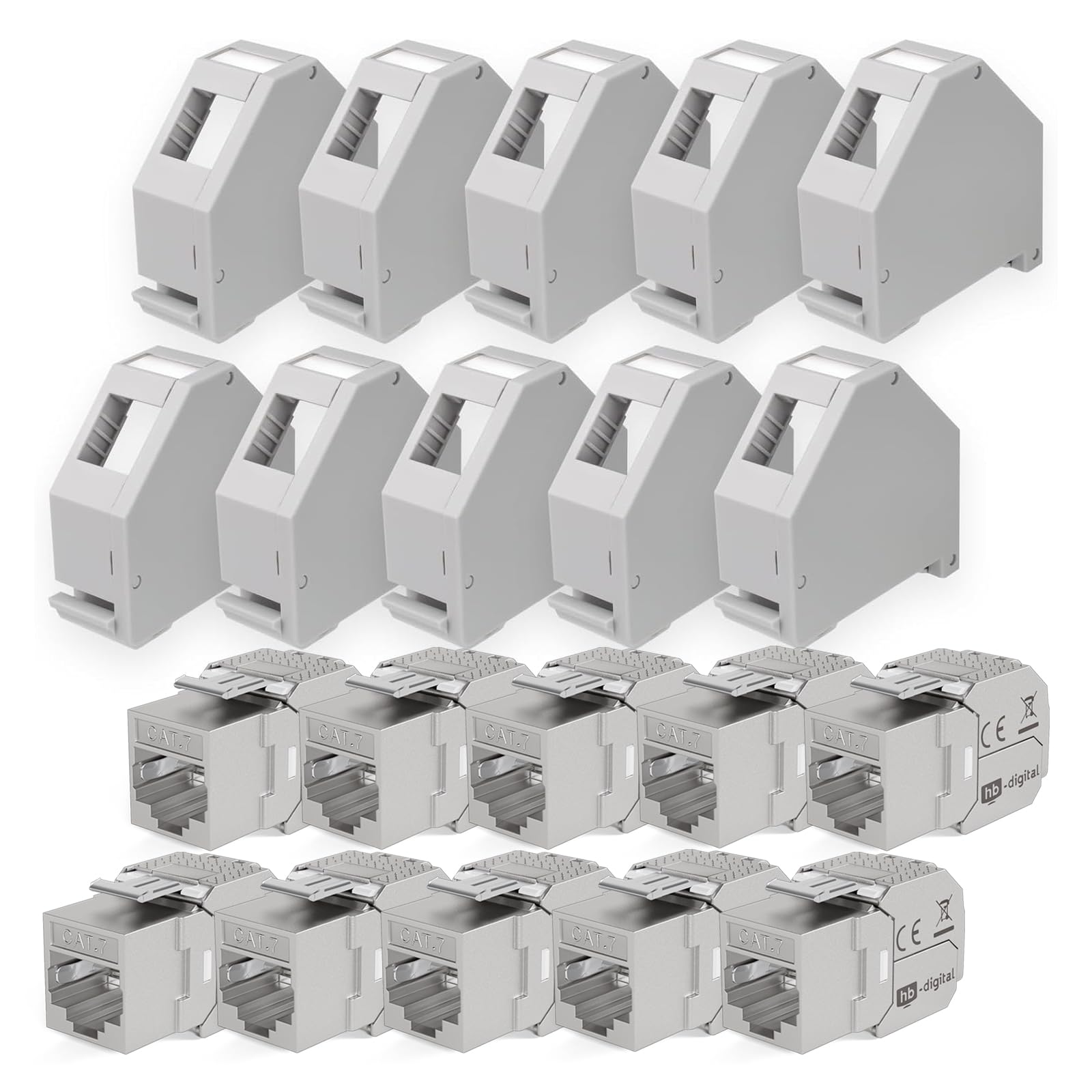 HB-DIGITAL SET: 10x Cat.7 Keystone Modul RJ45 + 10x Hutschienenadapter Keystone-Halterung für Hutschiene 35mm Standard | RJ45-Jack geschirmt werkzeuglose Montage Ethernet LAN Netzwerk STP LSA