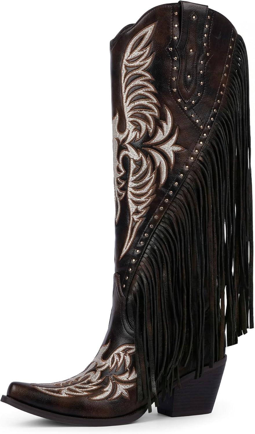 Cowboy Boots for Women Wide Calf Fringe Cowgirl Boots Embroidered Studded Pointed Toe Chunky Heel Western Knee High Boots Pull On Tall Boot